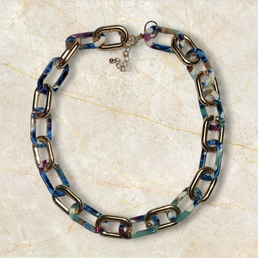 NWT NADINE WEST Confetti Acrylic Gold Chain Link Necklace ~23
